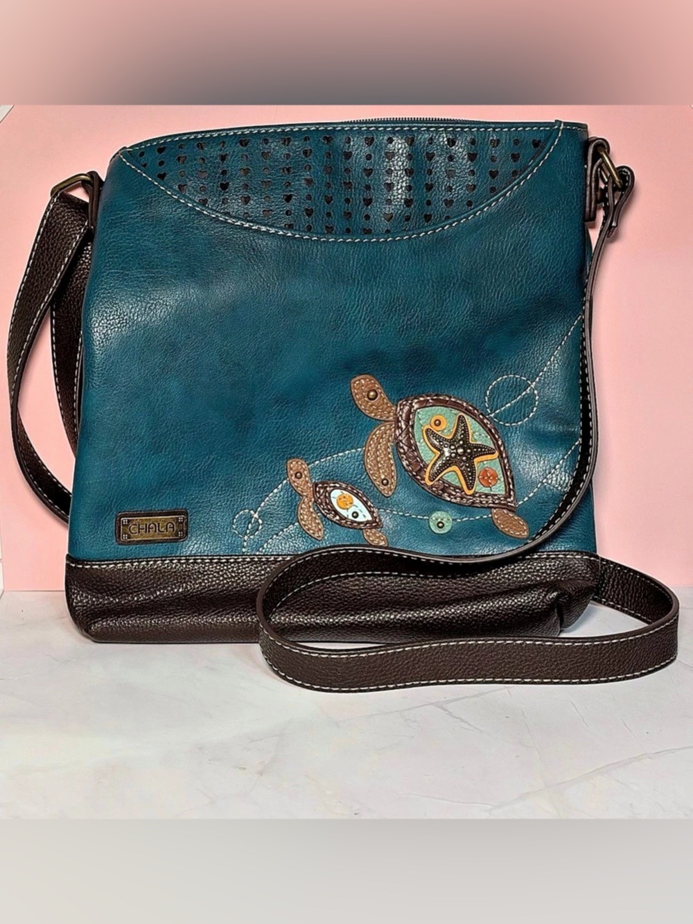 🐢 Chala Sea Turtle Turquoise Blue & Brown Crossbody Bag